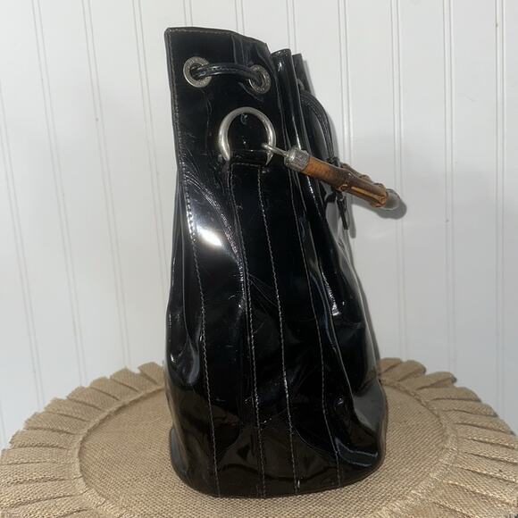 RARE GUCCI Bamboo Handle Tote Bag Black Patent Leather EUC - Picture 8 of 13